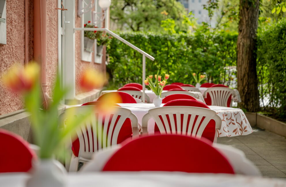 Bunte Stühle und Tische in einem gemütlichen Gartenambiente mit Blumen auf den Tischen.