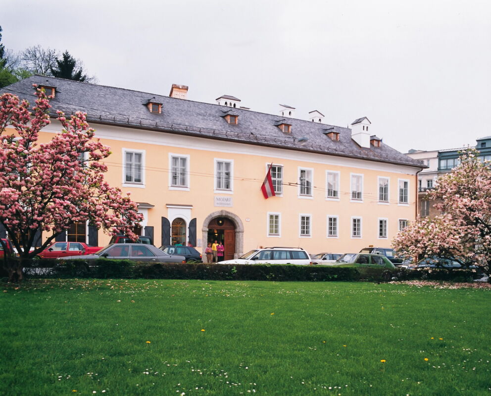 Historic building with blooming magnolias and parked cars on a green area.