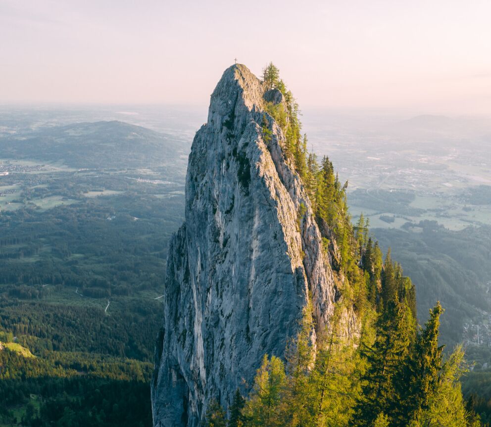 Hoher Berggipfel mit grünen Bäumen und weitem Talblick im Hintergrund.