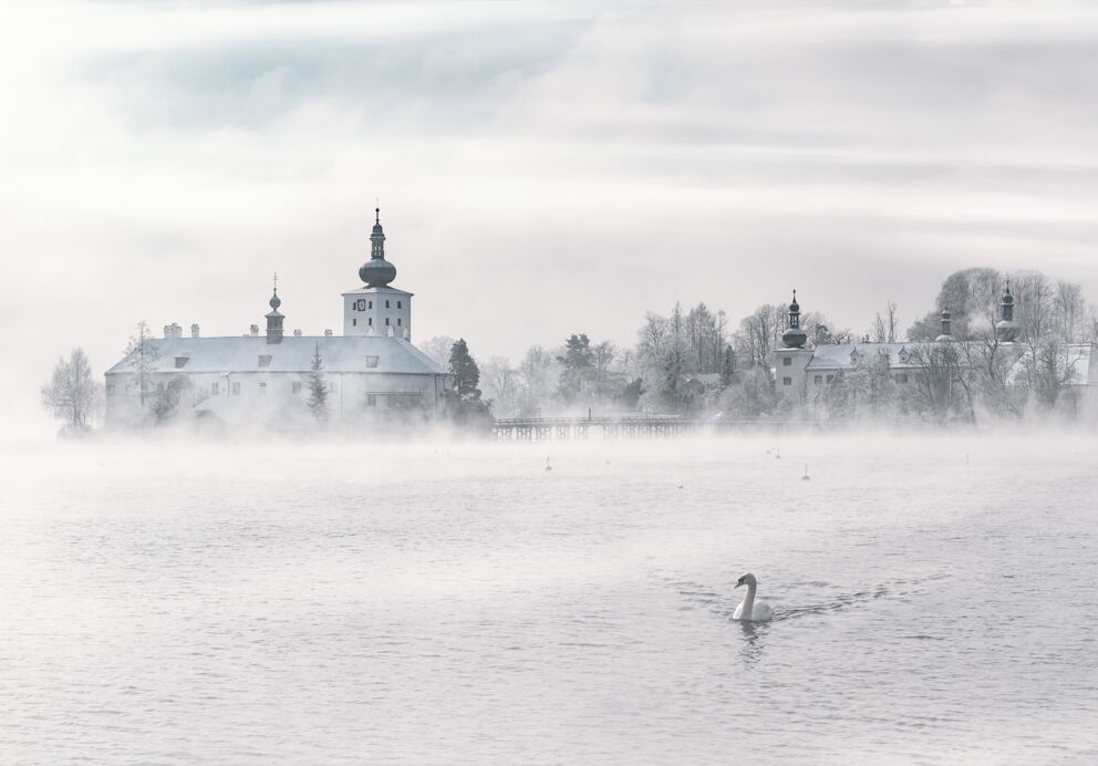 Snow-covered castle by the lake with soft mist and a lone swan in the foreground.