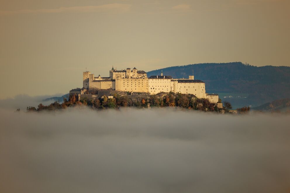 Historische Festung auf Hügel über Wolkenmeer im goldenen Abendlicht.