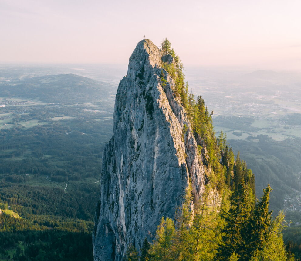 Hoher Berggipfel mit grünen Bäumen und weitem Talblick im Hintergrund.